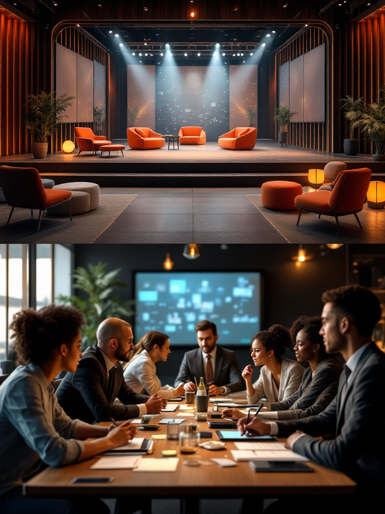 Corporate stage setup and team meeting environment